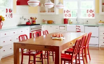 A kitchen featuring a table and chairs, with cabinetry on the walls, a countertop, and various kitchen appliances. The floor is visible along with home décor elements.