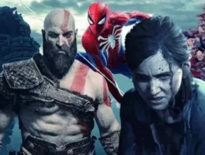 Dynamic image featuring iconic video game characters, including Kratos and Spider-Man, set against a dramatic fantasy background.