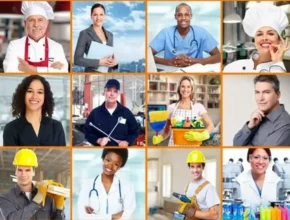 A collage of diverse professionals in various uniforms, including a chef, healthcare worker, and construction worker, showcasing different careers.