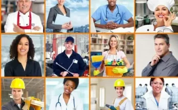 A collage of diverse professionals in various uniforms, including a chef, healthcare worker, and construction worker, showcasing different careers.
