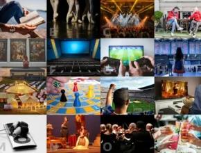 A collage showcasing various entertainment activities: reading, dancing, concerts, gaming, movies, sports, dining, and art performances.