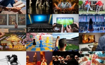 A collage showcasing various entertainment activities: reading, dancing, concerts, gaming, movies, sports, dining, and art performances.