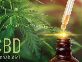 A dropper releasing CBD oil over a brown bottle, with a cannabis leaf background and chemical structure of cannabidiol displayed.