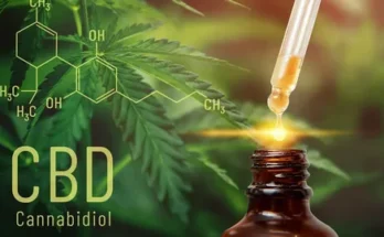 A dropper releasing CBD oil over a brown bottle, with a cannabis leaf background and chemical structure of cannabidiol displayed.