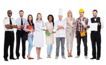 A diverse group of ten professionals in various uniforms including a pilot, doctor, chef, and construction worker, standing together.