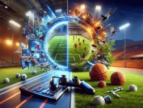 A split image showcasing the contrast between virtual sports gaming and real-life athletic action, featuring game controllers and sports equipment.
