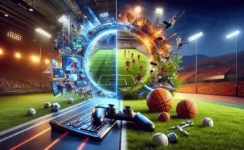 A split image showcasing the contrast between virtual sports gaming and real-life athletic action, featuring game controllers and sports equipment.