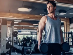 A muscular individual in a gray tank top lifts dumbbells in a well-equipped gym, showcasing strength and focus.