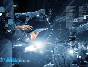 A hand using a tablet to control robotic arms in an automated industrial setting, surrounded by digital technology icons and data graphics.