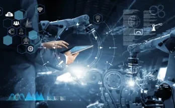 A hand using a tablet to control robotic arms in an automated industrial setting, surrounded by digital technology icons and data graphics.