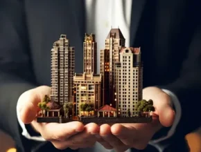 A person in a suit holds a miniature cityscape with skyscrapers and trees, symbolizing real estate or urban development.
