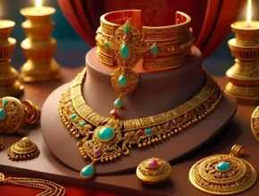 A stunning display of intricate gold jewelry, featuring ornate necklaces, bangles, and earrings, adorned with turquoise and ruby stones.