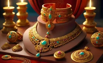 A stunning display of intricate gold jewelry, featuring ornate necklaces, bangles, and earrings, adorned with turquoise and ruby stones.