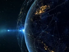 A digitally rendered view of Earth with glowing city lights and interconnected lines, set against a starry space background.
