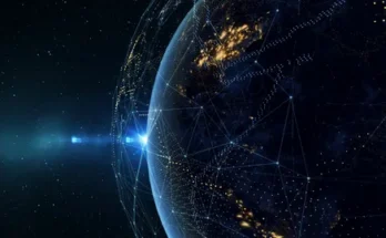 A digitally rendered view of Earth with glowing city lights and interconnected lines, set against a starry space background.