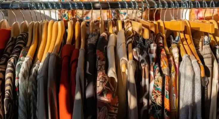 A close-up of a rack of colorful, patterned clothing on wooden hangers, with sunlight casting shadows on the fabrics.