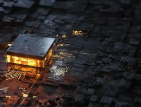 A glowing microchip sits on a dark, textured surface, connected by intricate circuit patterns, symbolizing advanced technology.