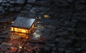 A glowing microchip sits on a dark, textured surface, connected by intricate circuit patterns, symbolizing advanced technology.