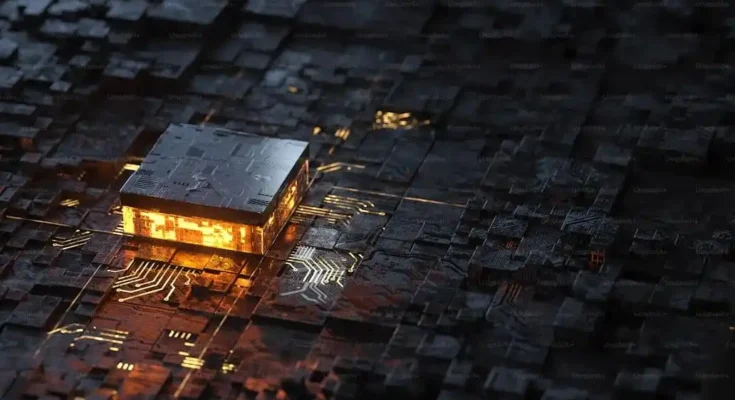 A glowing microchip sits on a dark, textured surface, connected by intricate circuit patterns, symbolizing advanced technology.