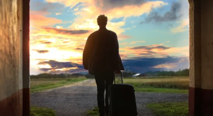 A silhouetted figure with a suitcase stands in an archway, gazing at a vibrant sunset over a rural landscape.