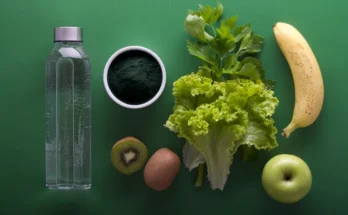 A collection of fresh fruits and vegetables: a bottle of water, spirulina powder, lettuce, banana, kiwi, egg, and green apple on a green background.