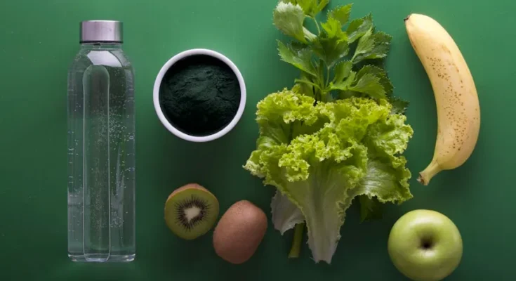 A collection of fresh fruits and vegetables: a bottle of water, spirulina powder, lettuce, banana, kiwi, egg, and green apple on a green background.