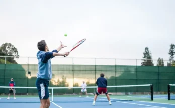A player serves a tennis ball on a court, while two opponents prepare to receive. Trees and a cloudy sky are visible in the background.