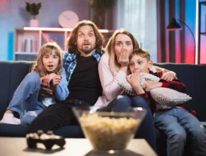 A family of four sits closely together on a couch, smiling and enjoying time together, with a bowl of popcorn in the foreground.