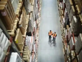 Two warehouse workers in orange vests walk between tall shelves stacked with boxes, observing the organized storage space.