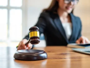 A judge in a black suit raises a gavel, with a laptop and documents on the desk, signaling the start of a court session.
