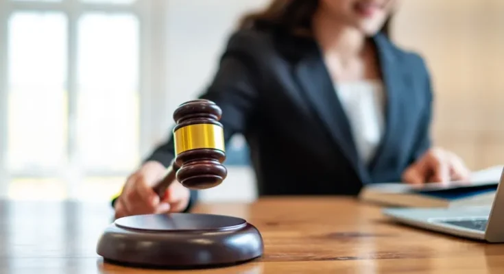 A judge in a black suit raises a gavel, with a laptop and documents on the desk, signaling the start of a court session.