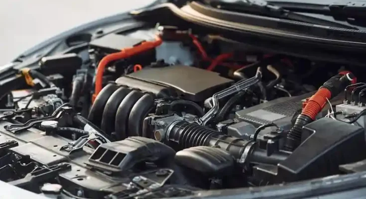 Close-up of a modern car engine, showcasing intricate components, wiring, and a sleek design under the hood.
